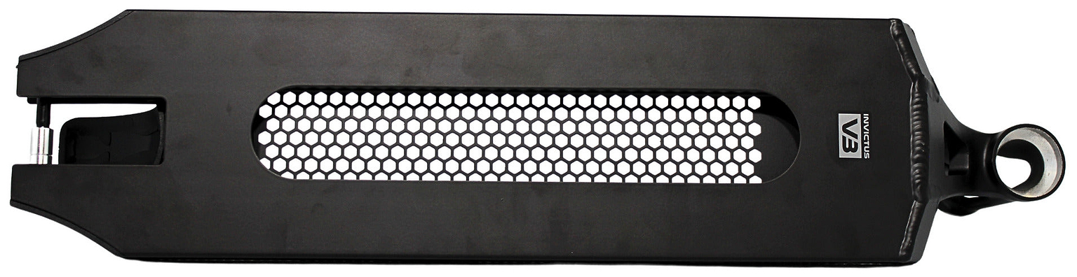 The Root Industries Invictus V3 Black Stunt Scooter Deck (5.2" x 19.7") features a smooth black finish, honeycomb-pattern center cutout, circular mounting hole on one end, and a small logo near the right side.