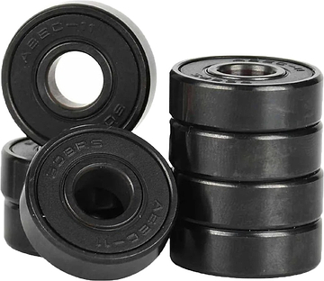 Eight Ventro Ceramic ABEC 11 Black Bearings from Ventro are arranged with six stacked vertically and two leaning against the stack. The bearing faces display engraved markings, including "ABEC-11" and "608RS," emphasizing their high-performance ABEC 11 rating and standard 608 size design. The scene is set against a plain white background.
