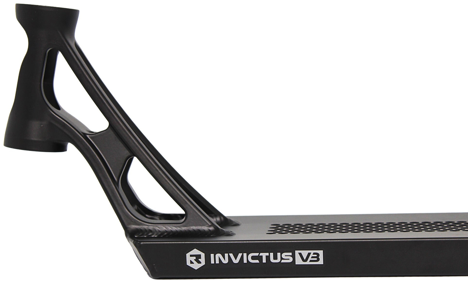 Close-up of the Root Industries Invictus V3 Black Stunt Scooter Deck (5.2" x 19.7") featuring a geometric, open-frame neck and the Root Industries logo and name on the side for a sleek, professional appearance.