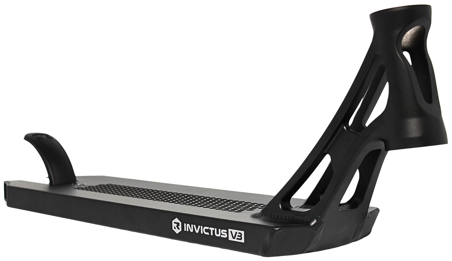 The Root Industries Invictus V3 Black Stunt Scooter Deck (5.2" x 19.7") features an angular open-frame neck and textured footplate, shown from a slight angle.