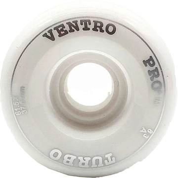 A white Ventro Pro Turbo Quad 83A roller skate wheel from Ventro, sized at 61.5mm x 35mm and labeled with "VENTRO PRO TURBO," features an 83A durometer and a central axle hole, making it a dependable choice for skaters seeking reliable quad wheels.