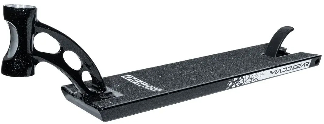 A sleek black and silver Madd Gear MGP VX Origin Stunt Scooter Deck, measuring 5.5″ x 20.5″, features a textured surface and a distinctive cutout design on the neck, with the Madd Gear (MGP) logo printed along the side—an ideal upgrade for park riders seeking high performance.