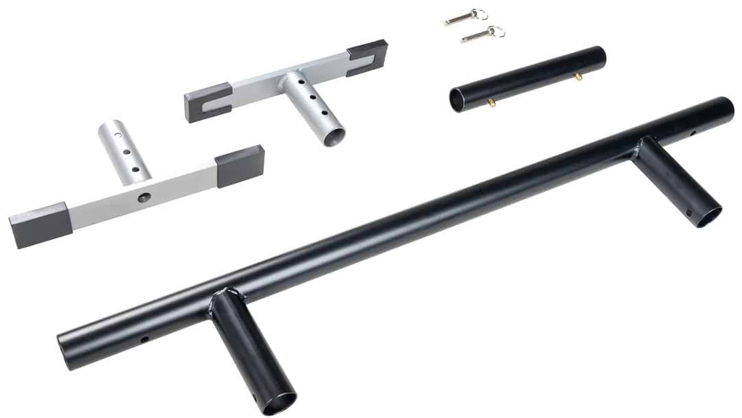 Disassembled Madd Gear MGP Grind Rail Extension Kit - 91cm set with two black and silver steel handles, two short metal brackets with rubber ends, one cylindrical part, and two small keys—all displayed on a white background.