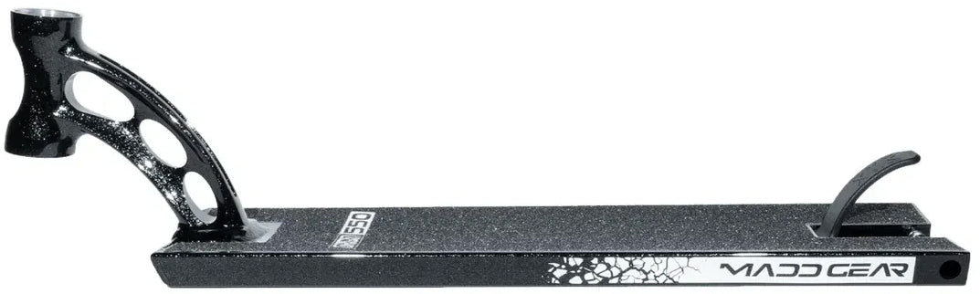 The Madd Gear MGP VX Origin Black Stunt Scooter Deck – 5.5″ x 20.5″ – features a striking black finish with white speckles, a curved front support bar, and a rear foot brake. Designed specifically for park riders by Madd Gear (MGP), this deck offers a textured surface for enhanced grip and displays the Madd Gear logo on its side, making it an excellent choice for anyone looking for an MGP VX Origin stunt scooter deck.