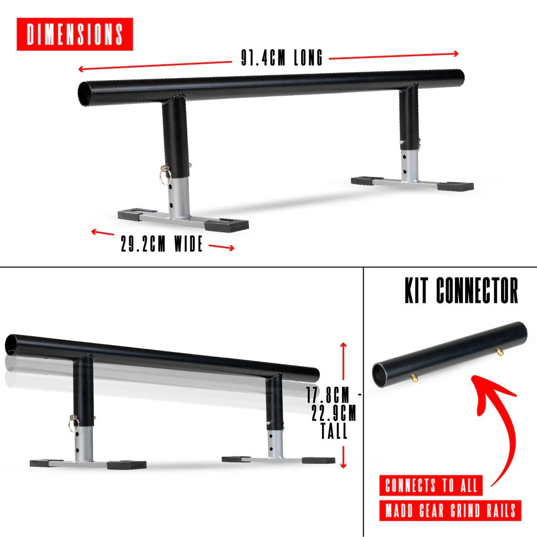 A black and silver grind rail, 91.4cm long, 29.2cm wide, height adjustable from 17.8 to 22.9cm, is compatible with the Madd Gear MGP Grind Rail Extension Kit - 91cm for easy extension options.