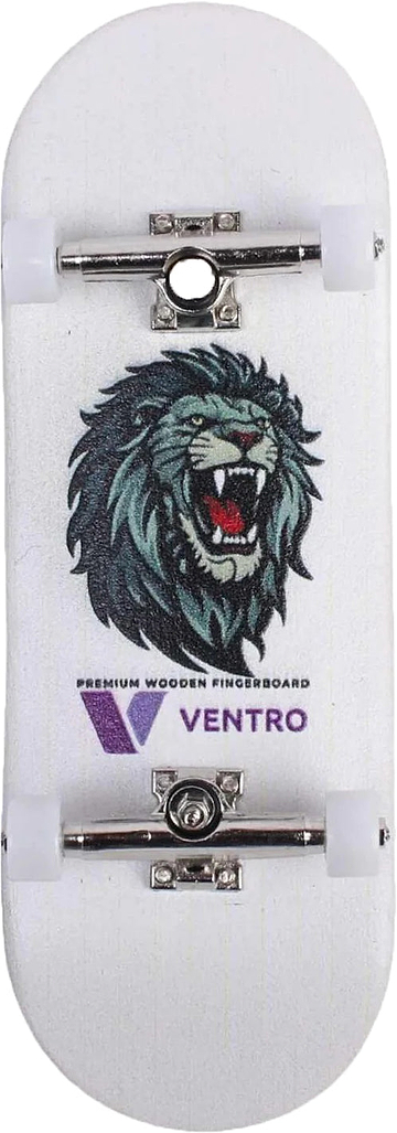 Introducing the Ventro Premium Wooden Fingerboard by Ventro—a high-quality fingerboard that showcases a white wooden deck complete with durable metal trucks and smooth white wheels. The design features a bold roaring lion graphic, accompanied by the printed phrase "Premium Wooden Fingerboard Ventro" and a distinctive purple "V" logo beneath the lion. This fingerboard is perfect for perfecting all your favorite tricks.