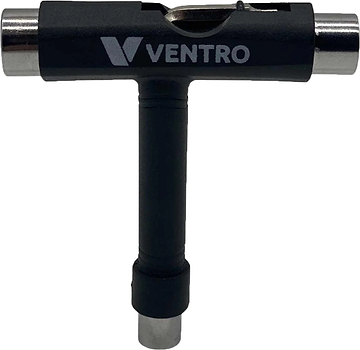 The Ventro Roller Skates / Skateboard Multi T-Tool in black by Ventro features a T-shaped design with three metal sockets and a removable L-shaped wrench stored on top—making it the perfect versatile tool for adjusting both skateboards and roller skates.