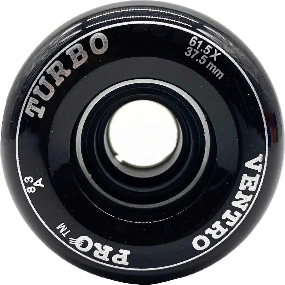 Close-up of a black Ventro Pro Turbo Quad 83A Roller Skate Wheel by Ventro, featuring "TURBO" and "VENTRO PRO" labels, with specifications "61.5 x 35 mm" and "83A durometer" printed in white text around the edge.