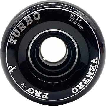 Close-up of a black Ventro Pro Turbo Quad 83A Roller Skate Wheel by Ventro, featuring "TURBO" and "VENTRO PRO" labels, with specifications "61.5 x 35 mm" and "83A durometer" printed in white text around the edge.