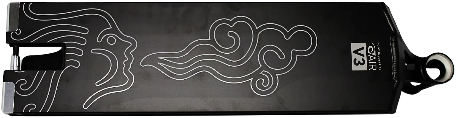 The Root Industries AIR RS V3 Black Stunt Scooter Deck - 6″ x 21″ features a black finish adorned with a white-outlined graphic of a stylized face blowing a swirling cloud, along with an “OZ AIR V3” label near the base. Engineered by Root Industries for precision and lightness, this deck is perfect for performing demanding tricks and suited for serious riders.
