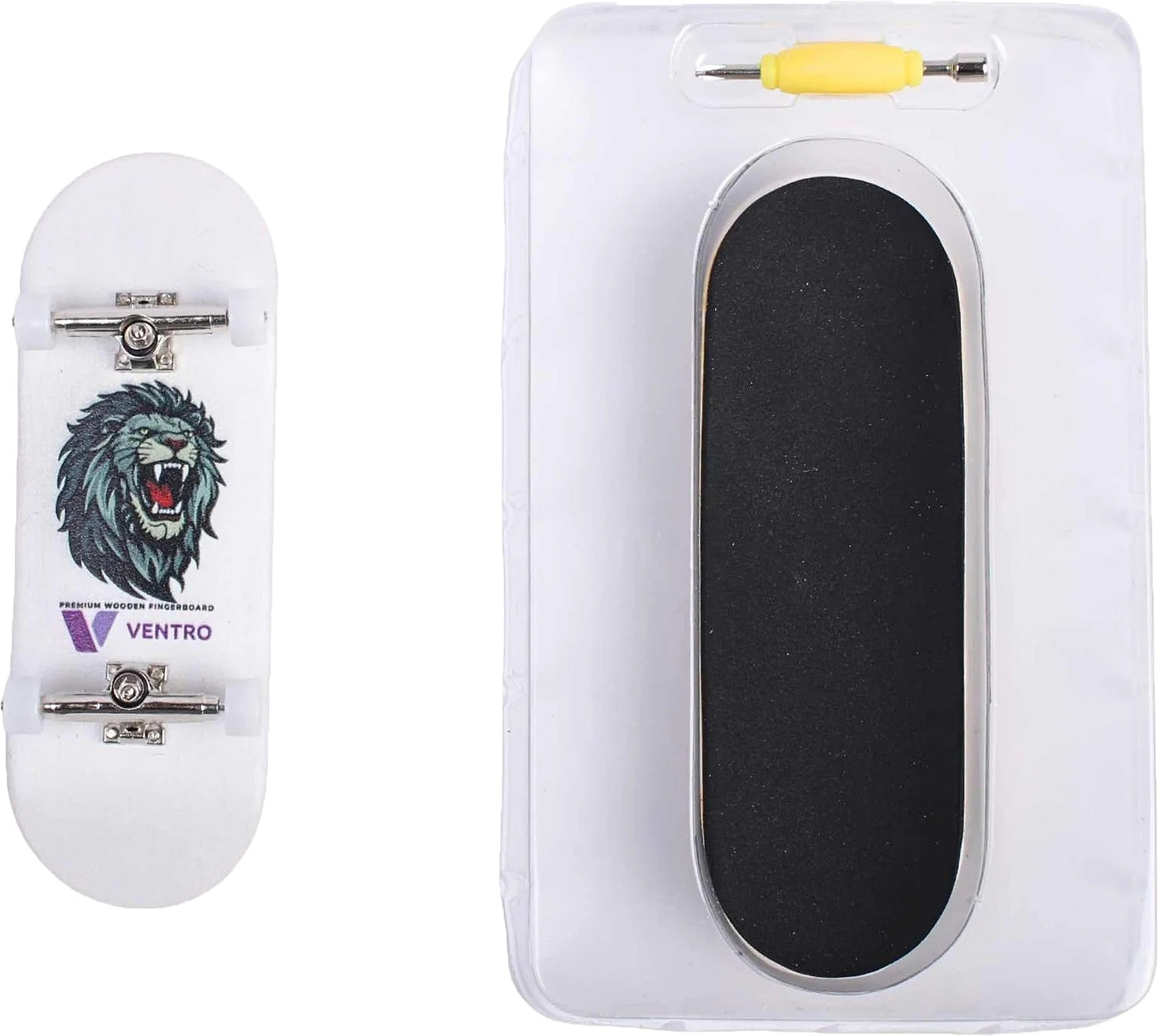 The Ventro Premium Wooden Fingerboard by Ventro, featuring a dynamic roaring lion graphic and a crisp white finish, is displayed next to its packaging—which includes a tool and highlights the top grip surface—making it ideal for mastering your favorite fingerboard tricks.