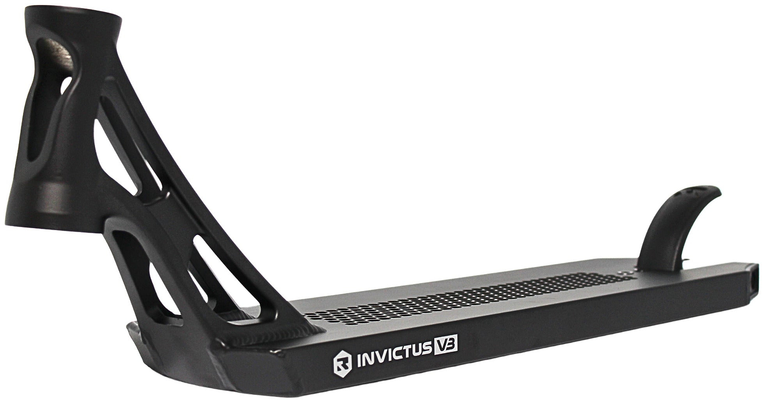 The Root Industries Invictus V3 Black Stunt Scooter Deck (5.2" x 19.7") features a lightweight build, textured grip surface, open-frame neck with cut-out details, curved brake, sleek design, and side logo.