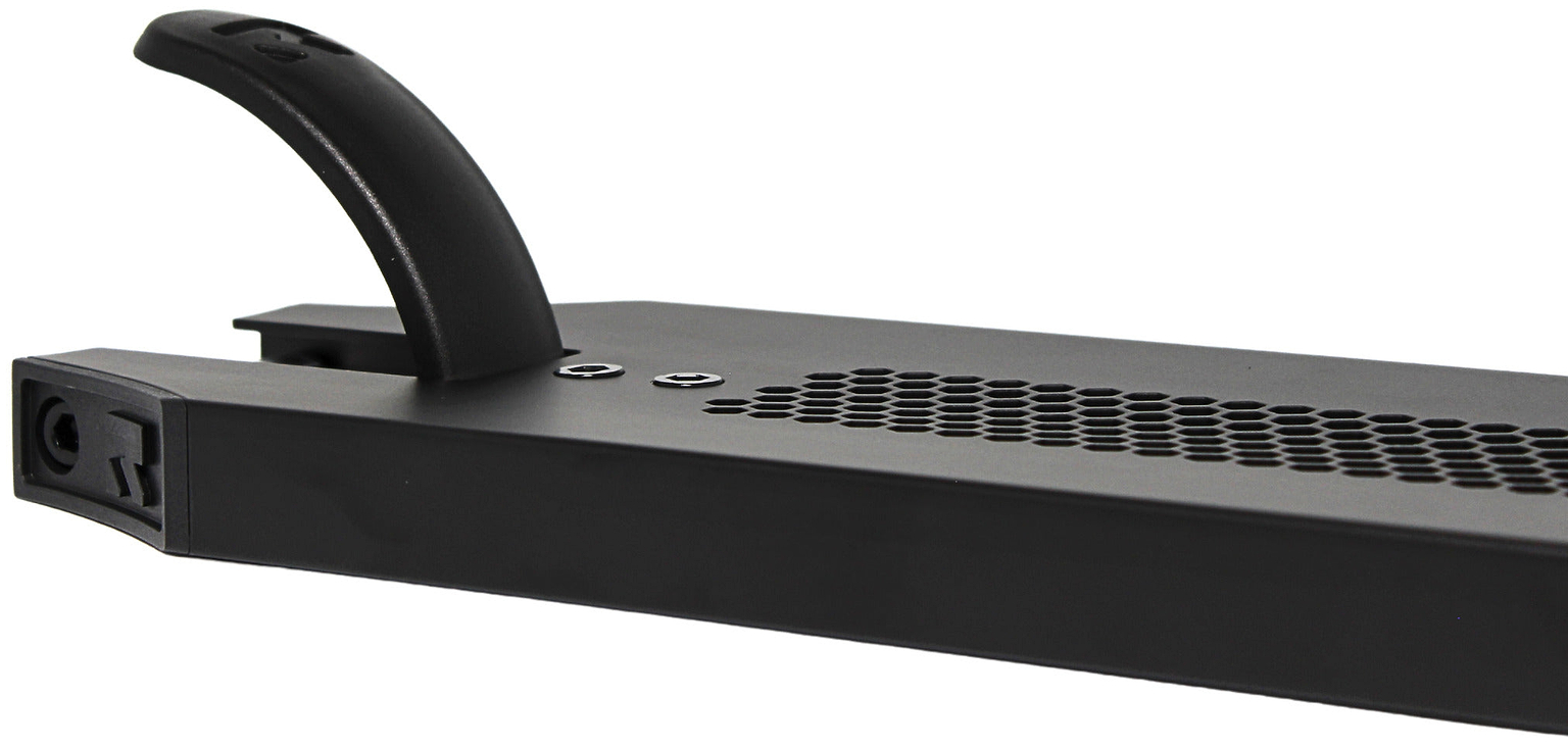 Close-up of the Root Industries Invictus V3 Black Stunt Scooter Deck (5.2" x 19.7") featuring a curved handle, hexagonal ventilation holes, and two screws on top from Root Industries.