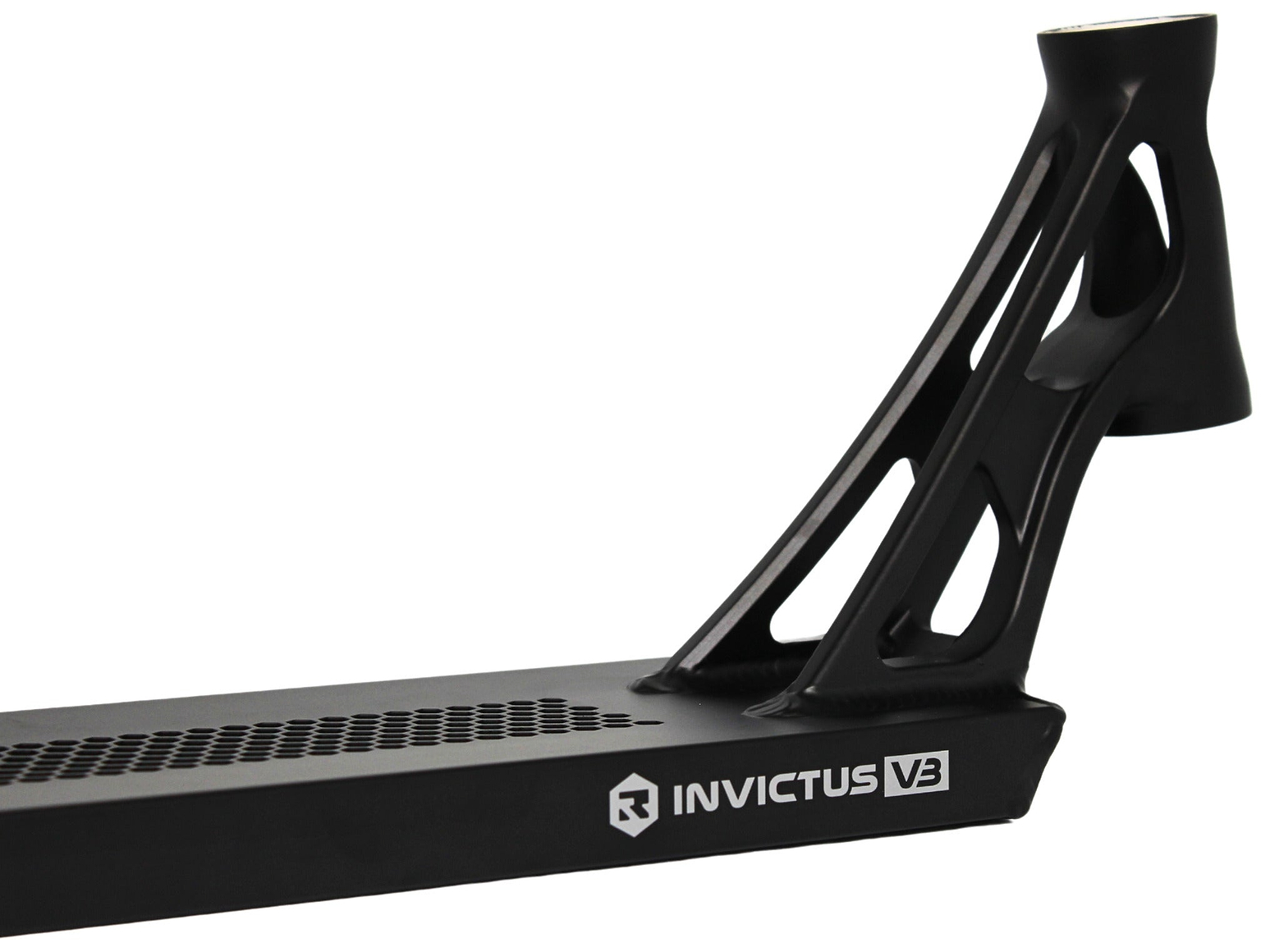 A close-up of the Root Industries Invictus V3 Black Stunt Scooter Deck (5.2" x 19.7") highlights the logo and geometric cut-out design near the head tube.
