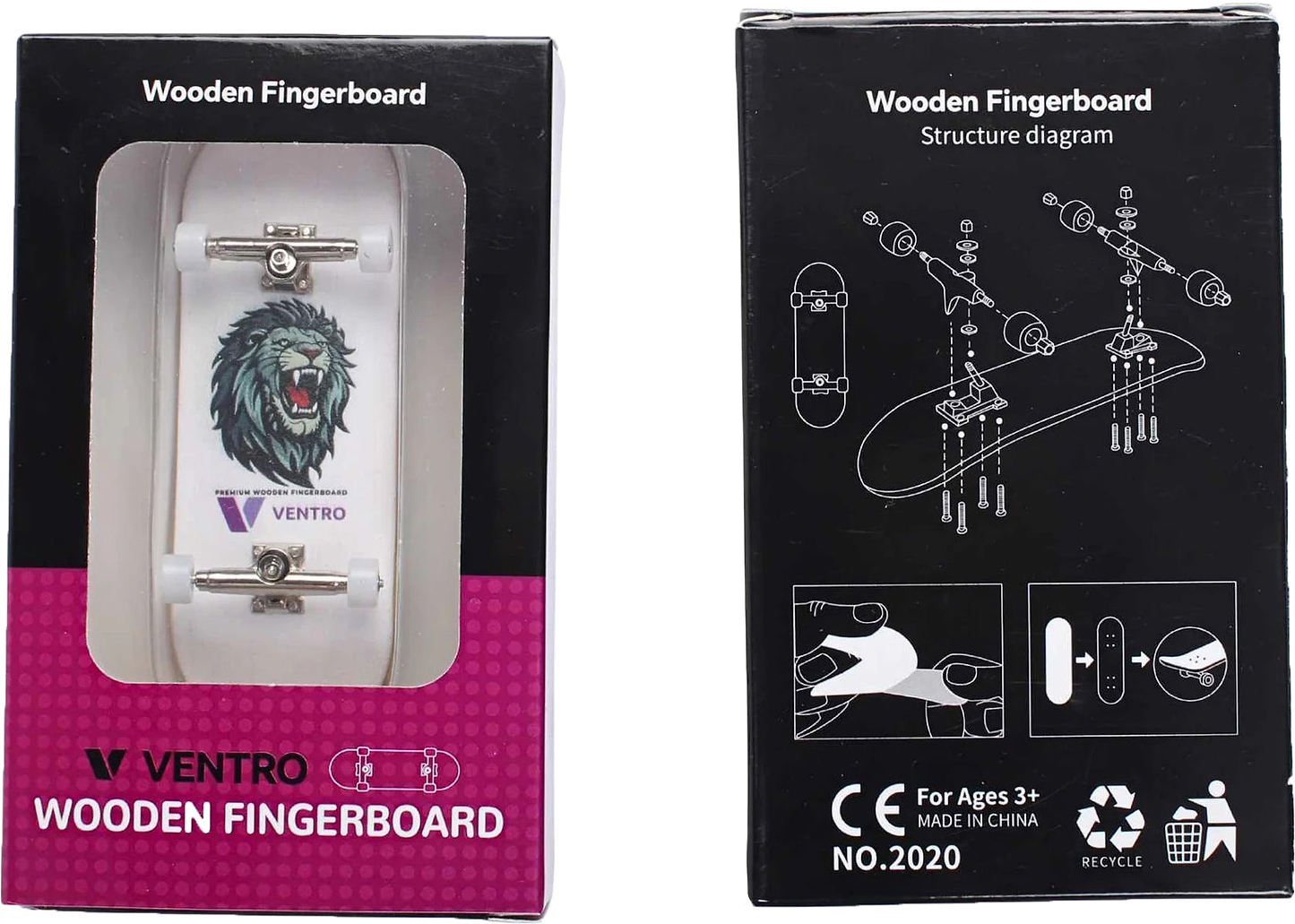 Front and back of a Ventro Premium Wooden Fingerboard box. The front displays the Ventro fingerboard featuring a striking lion graphic, while the back presents assembly instructions, age recommendations, and recycling information—ideal for anyone looking to master new fingerboard tricks.