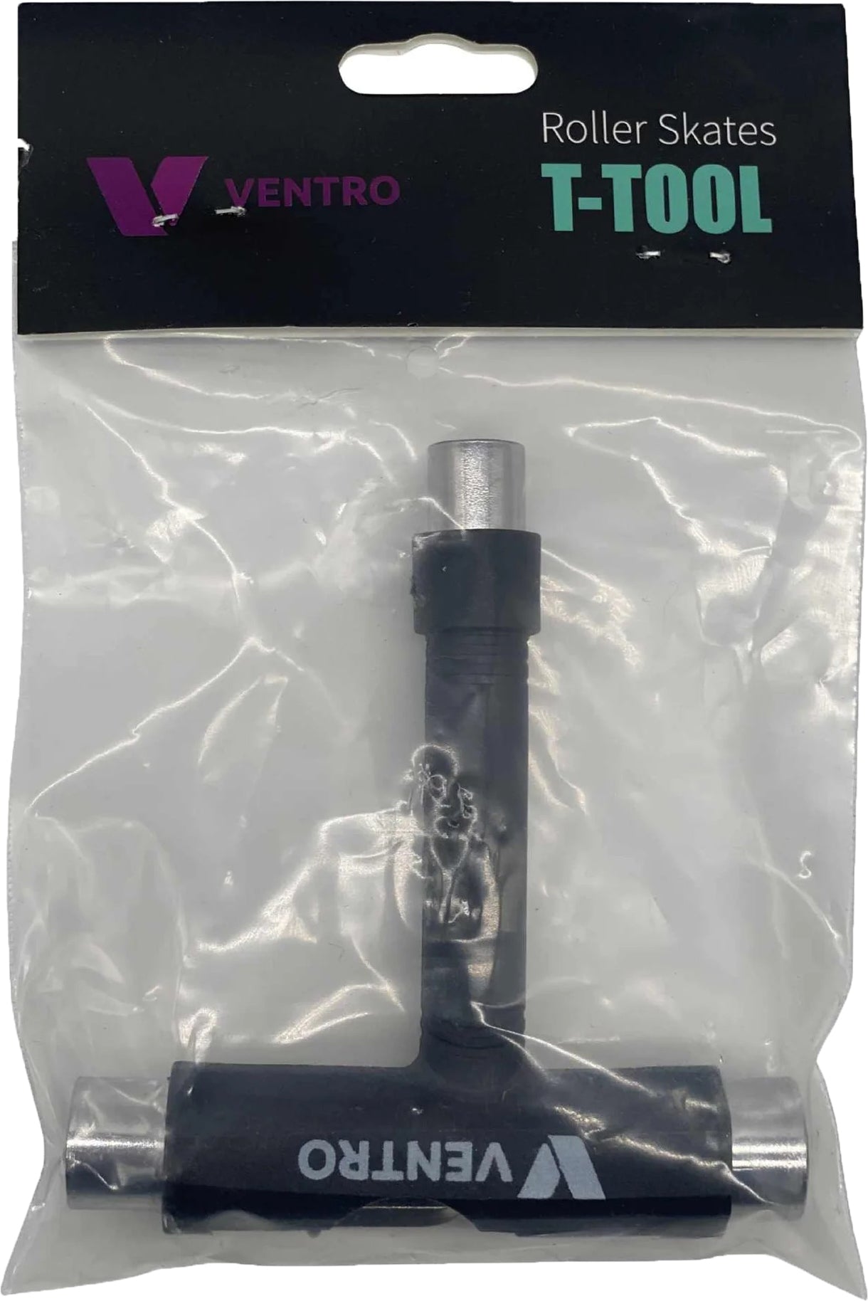 A packaged Ventro Roller Skates / Skateboard Multi T-Tool - Black is shown in a clear plastic bag featuring prominent black and purple Ventro branding at the top. The black tool displays a bold “VENTRO” logo and includes three sockets, making it the ideal accessory for adjusting your roller skates or skateboard.