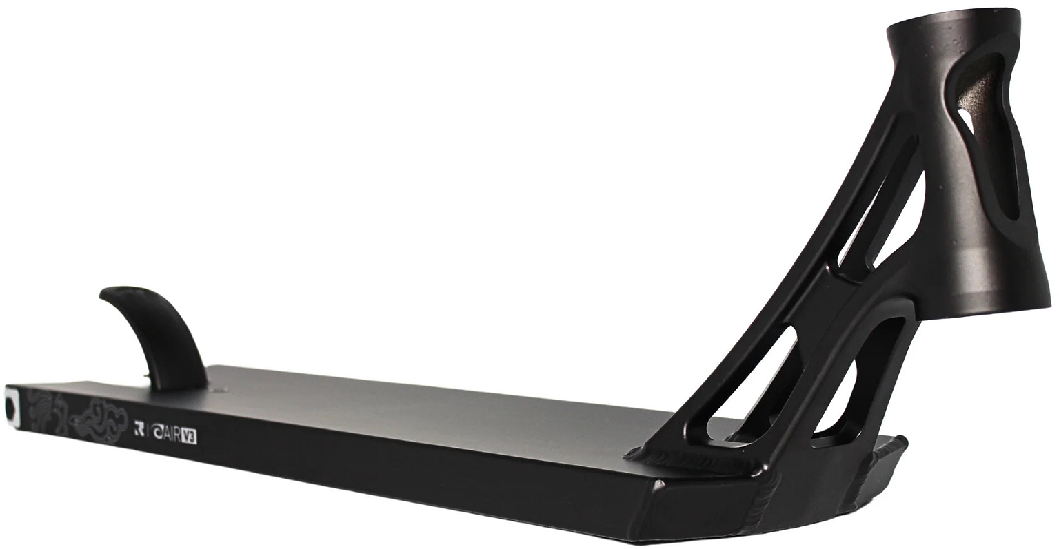 A close-up of the Root Industries AIR RS V3 Black Stunt Scooter Deck (6″ x 21″) features its lightweight, durable build with a precision-cut headtube design and rear fender, set against a white background. This deck from Root Industries combines strength and sleek style for stunt scooter riders.