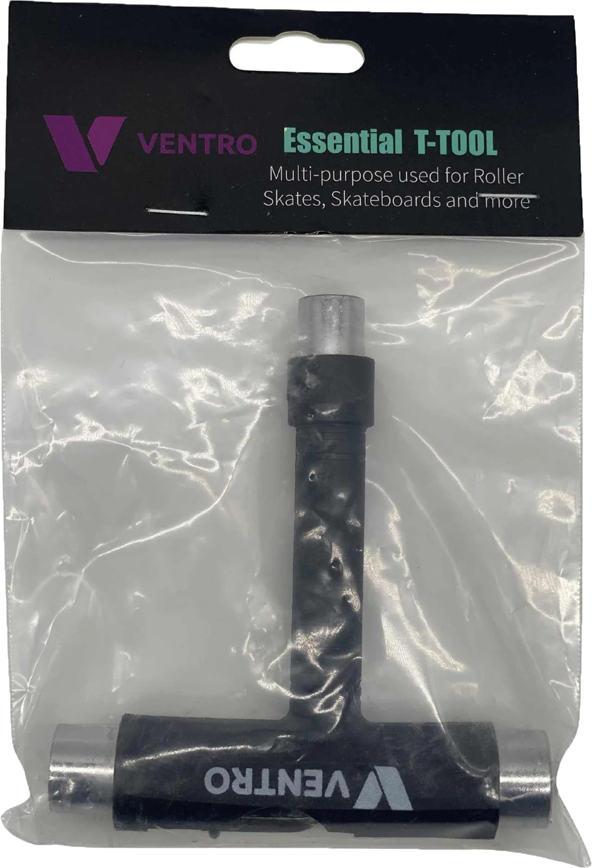 The Ventro Roller Skates / Skateboard Multi T-Tool - Black by Ventro comes in packaging and is labeled as a versatile tool for both skateboards and roller skates, designed to meet all your skating needs. The tool features a black body with silver ends.