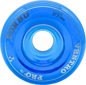 A close-up of a blue Ventro Pro Turbo Quad 83A roller skate wheel from Ventro, featuring the text "TURBO," "VENTRO," "PRO," "G15 XY 37.5mm," and "83A" printed on the side. This high-quality replacement skate wheel measures 61.5mm x 35mm, making it an ideal choice for those seeking durable and reliable quad skate wheels.