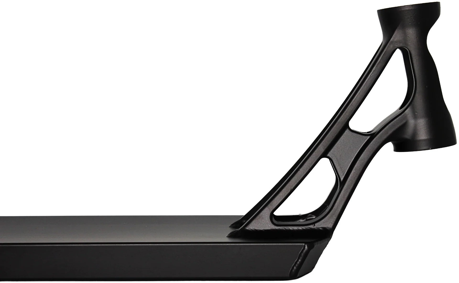 Close-up of the Root Industries AIR RS V3 Black Stunt Scooter Deck (6″ x 21″), featuring a lightweight design with a cutout neck, sturdy geometric supports, and an angled headtube—ideal for riders pursuing high-performance stunts.