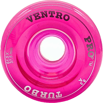 Close-up of a bright pink Ventro Pro Turbo Quad 83A roller skate wheel with the brand name "VENTRO" and the size "61.5 x 35 mm" printed on it. This 83A durometer quad roller skate wheel is viewed from above, clearly showing the inner hole.