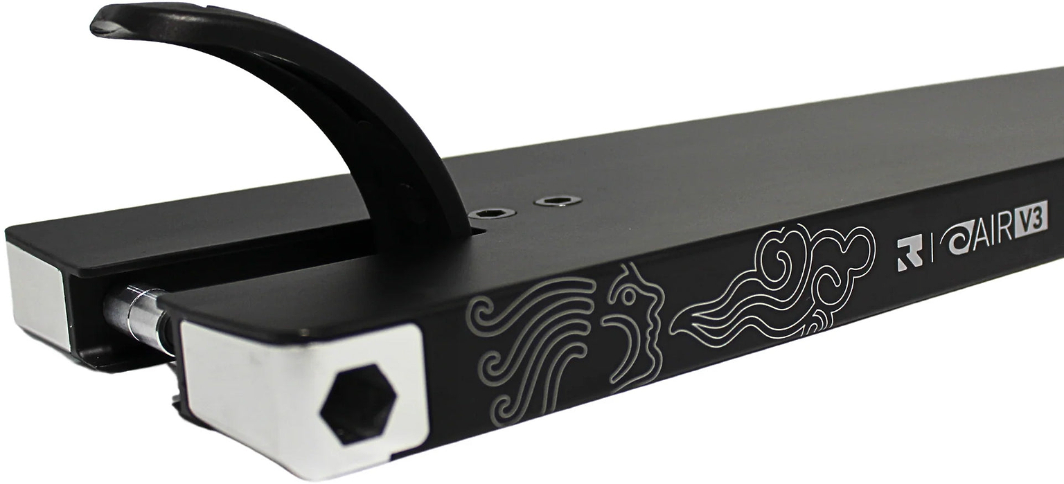 A close-up of the Root Industries AIR RS V3 Black Stunt Scooter Deck, measuring 6″ x 21″, featuring sleek silver geometric and cloud designs with “RT AIR V3” text and a rear brake—ideal for riders looking for a premium stunt scooter deck.