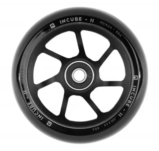 Ethic DTC presents the Incube V2 100mm Stunt Scooter Wheel in Black, expertly crafted from durable polyurethane. This wheel boasts a central metal hub with multiple spokes and clearly displays its specifications: "100 x 24, 88A.