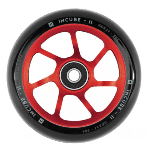A red Ethic DTC Incube V2 100mm stunt scooter wheel featuring a black outer rim and silver Ethic bearings. The wheel is labeled with "INCUBE II" and size specifications of "100 x 24 - 88A" on the rim, perfectly fitting the category of 100mm scooter wheels.