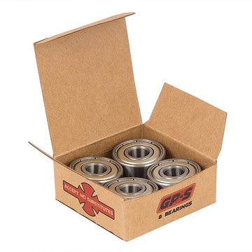 The "Independent GP-S Skateboard Bearings - 8 Pack" cardboard box prominently displays four round metal bearings with micro-polished steel races. The open packaging reveals a red cross design with the message "Accept no substitutes," proudly highlighting the Independent GP-S brand.