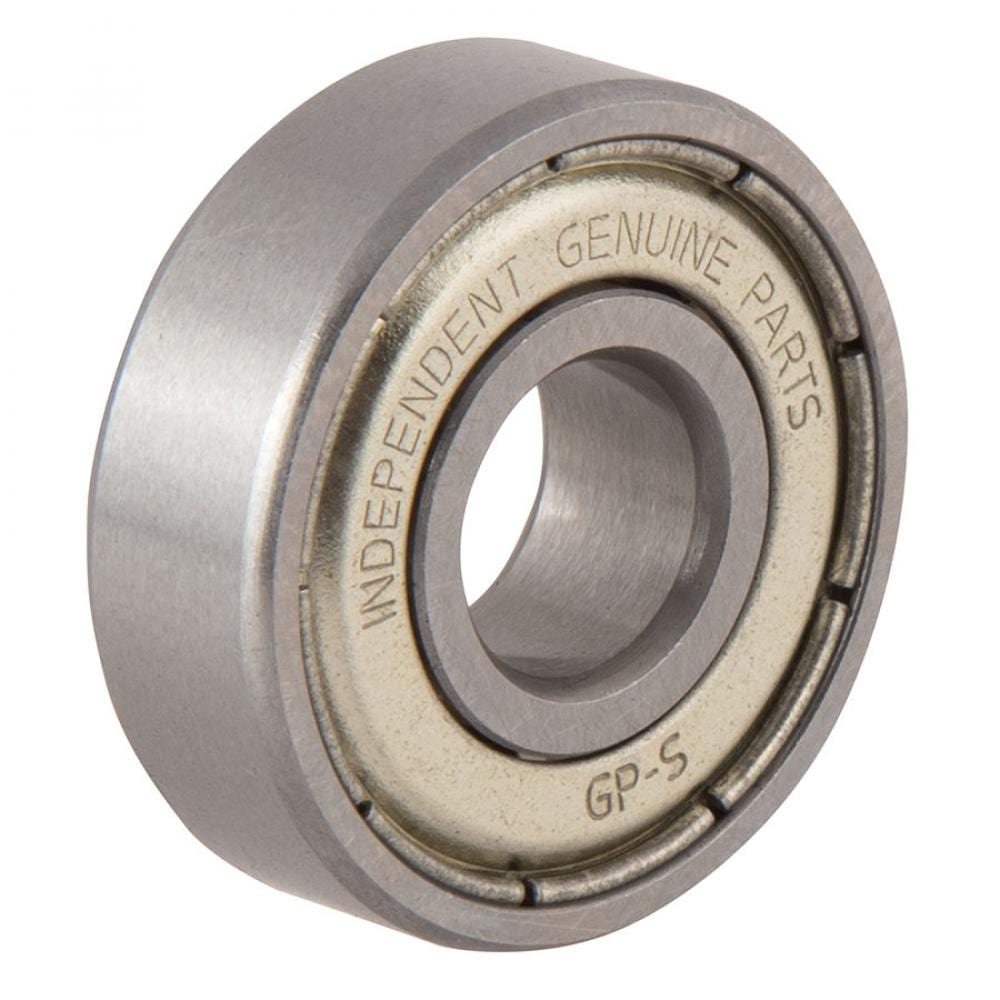 The Independent GP-S skateboard bearings, available in an 8-pack, feature a metal ball bearing design with "Independent Genuine Parts" and "GP-S" engraved on the outer edge. These bearings include micro polished steel races for smooth performance. Their cylindrical shape and Super Cage design make them perfect for reducing friction in machinery, especially in skateboards.