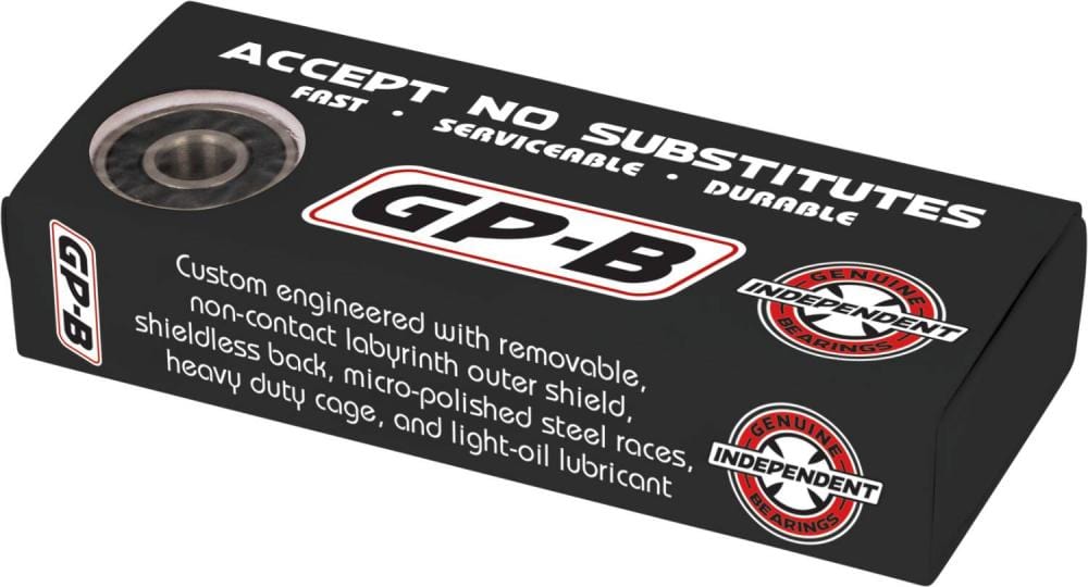 Image of an Independent GP-B Skateboard Bearings - 8 Pack box in black with the slogan "Accept No Substitutes," highlighting bearings specifically designed with removable, non-contact labyrinth shields. The box also displays micro-polished steel races and two logos stating "Genuine Independent Bearings" from the Independent brand.