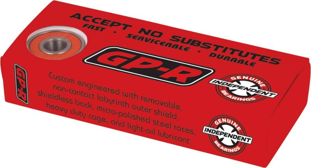 A red box labeled "Independent GP-R" contains a bearing that is designed for speed, easy maintenance, and robustness. Emblazoned with phrases like "Accept No Substitutes" and "Custom Engineered," it reveals a partially visible bearing featuring the "Genuine Independent Bearings" logo. It includes labyrinth shields for enhanced protection.