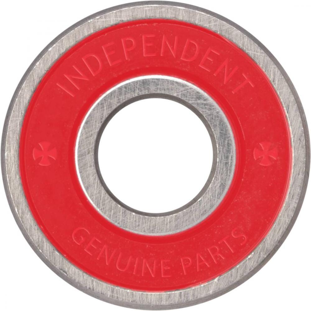 A close-up of an Independent GP-R skateboard bearing reveals a red outer ring labeled "Independent Genuine Parts" and a silver interior. Labyrinth shields provide enhanced protection, with the central hole visible, surrounded by the shiny steel races of the bearing.