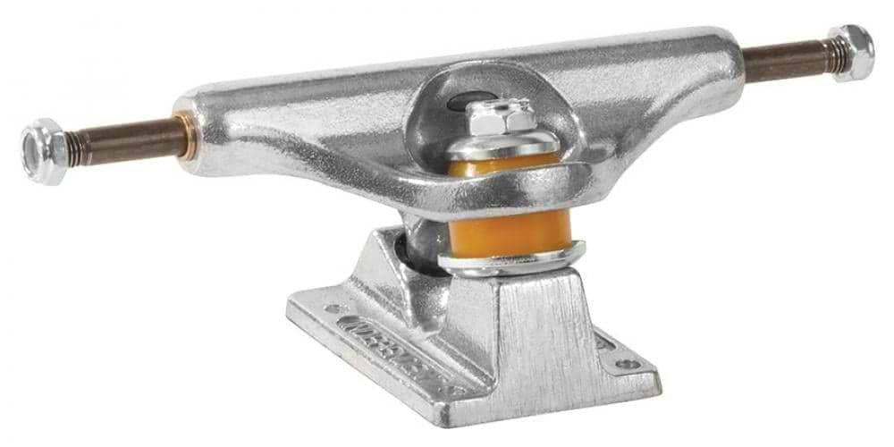 An Independent Stage 11 Standard Silver Skateboard Truck with a yellow bushing is shown against a white background. Its shiny, textured metal surface features improved geometry for enhanced performance and grind clearance.