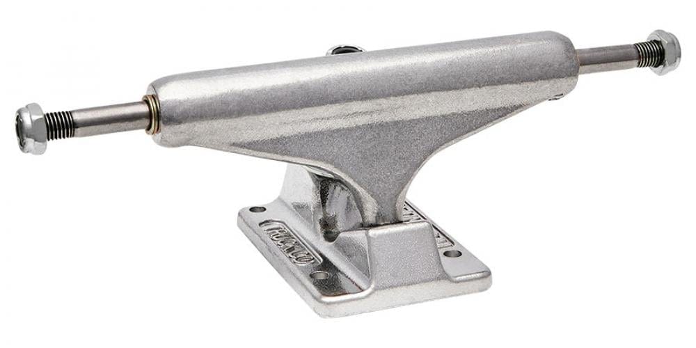 The Independent Stage 11 Standard Silver Skateboard Trucks (Pair) - 159mm, from the brand Independent, are designed with improved geometry and grind clearance. These trucks feature a polished finish, complete with axles on both ends and horizontally aligned mounting holes on the baseplate, all set against a white background.