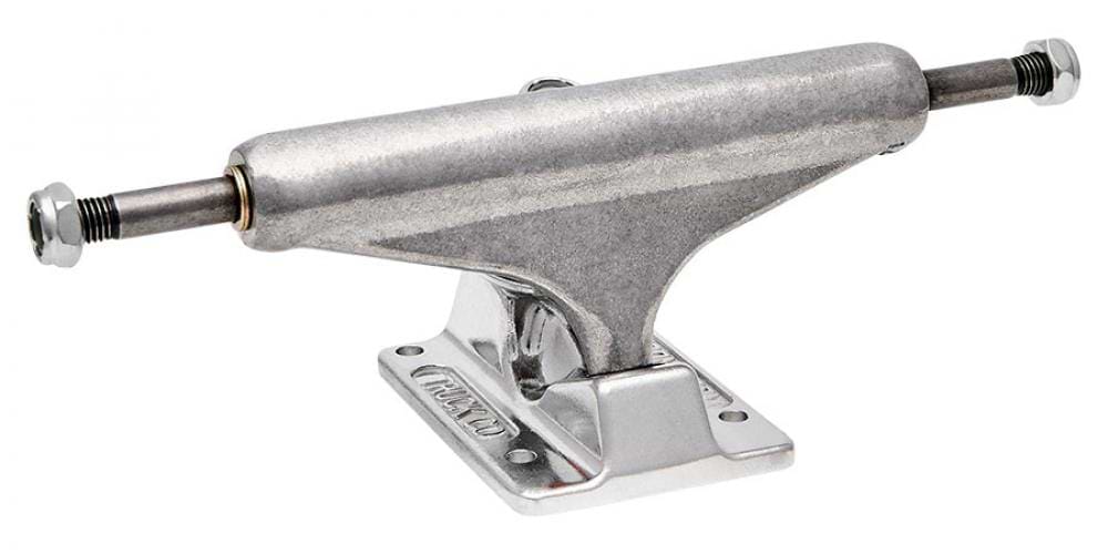 Presenting the Independent Stage 11 Forged Titanium Silver Skateboard Trucks, featuring a shiny metal finish with a visible kingpin and axle. These 149mm trucks are mounted on a polished baseplate, designed for easy attachment to your skateboard deck, embodying the Independent Stage 11 style.