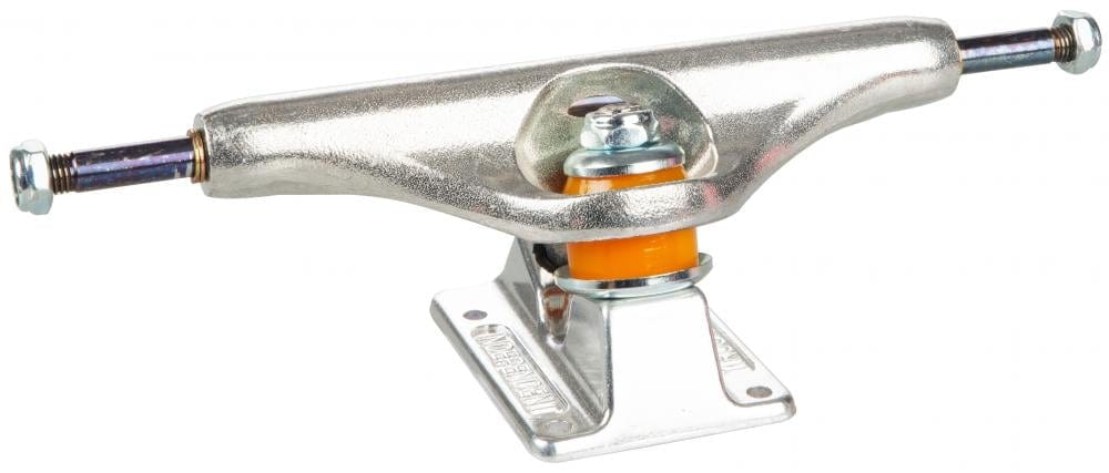 The Independent Stage 11 Forged Titanium Silver Skateboard Trucks (Pair) - 139mm, from the brand Independent, showcase a sleek polished finish complemented by vibrant orange bushings. These silver trucks are crafted from robust forged titanium and are securely fixed on a sturdy baseplate, elegantly set against a white backdrop.