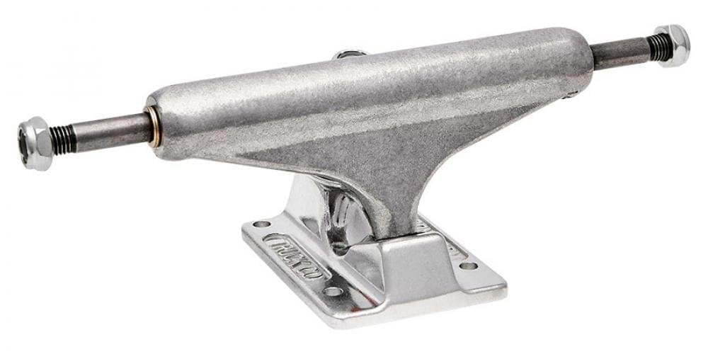 The Independent Stage 11 Forged Titanium Silver Skateboard Trucks feature a polished silver finish with a robust baseplate and axle. Their straightforward and functional design makes them perfect for attaching wheels to the deck, providing unmatched durability akin to forged titanium for an exceptional skating experience.