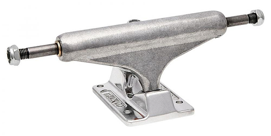 The Independent Hollow Forged Silver Skateboard Trucks (Pair) - 139mm, manufactured by Independent, are displayed with a polished metal finish. These trucks boast a solid base plate, kingpin, and axle made from chromoly steel, ensuring durability and lightweight performance. Perfect for mounting on your deck, the aluminum construction adds to their appeal.