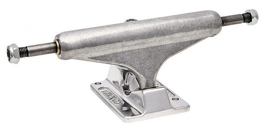 The Independent Hollow Forged Silver Skateboard Trucks, available in a 149mm pair, feature a sleek polished silver finish and are built from lightweight aluminum. These trucks ensure reliable skateboard axle support and sturdy baseplate construction for easy attachment to the underside of your skateboard deck, enabling smooth wheel installation and precise steering control.