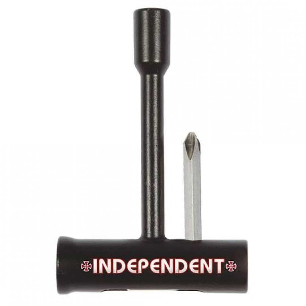 The Independent Bearing Saver Skate Tool - Black, by Independent, is a skate tool in black with the brand name "INDEPENDENT" prominently displayed in red and white. It includes a socket wrench, cylindrical handle, and Phillips screwdriver attachment, specially designed to prevent bearing shield damage during maintenance.