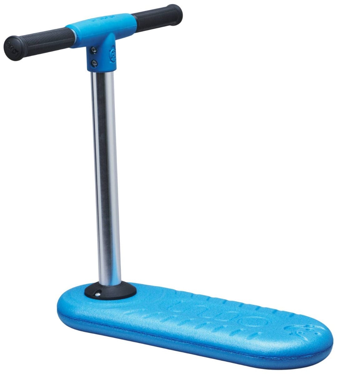 A blue INDO Bug Kids Indoor Trampoline Stunt Scooter featuring black handlebars and a silver vertical bar. The base is curved and textured for grip, making it perfect for young kids looking to practice tricks indoors.