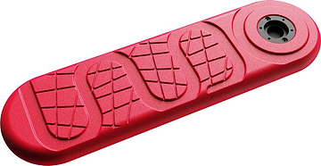 The INDO X70 Trampoline Scooter Deck - Red Rocker, by INDO, is a red, elongated rectangular deck with a circular attachment on one end and a textured, wavy pattern across its surface. It's an ideal replacement deck for your INDO scooter.