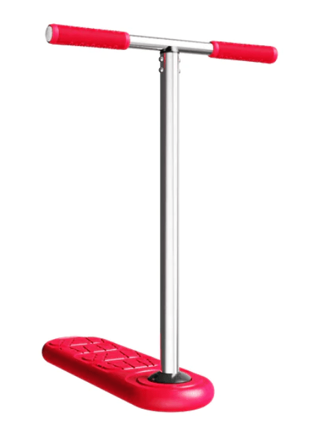 The INDO 570mm Indoor Trampoline Stunt Scooter - Red Rocker is designed for perfecting your stunt scootering skills. This scooter showcases a silver T-bar handle with coordinating red grips, and its textured deck ensures optimal grip. Set against a white backdrop, it's an invitation to effortlessly practice tricks.