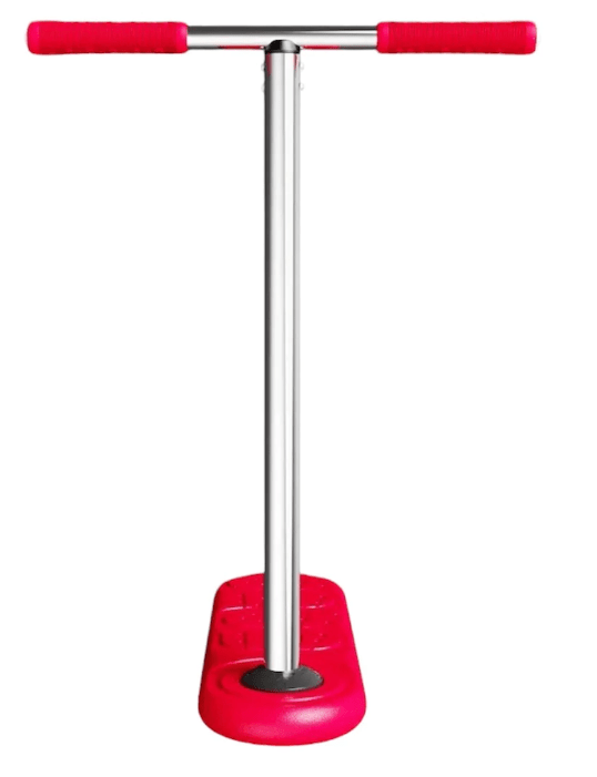 A red INDO 570mm Indoor Trampoline Stunt Scooter, known as the Red Rocker, with matching red handles and a chrome pole, stands upright against a white background, ideal for practicing tricks like a trampoline scooter.
