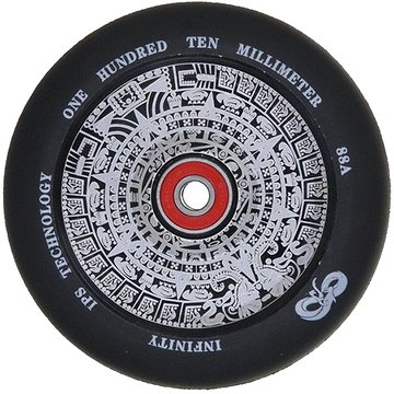 Close-up of the white Infinity Mayan 110mm stunt scooter wheel featuring a detailed Aztec-style design. Encircling the wheel, the text reads "ONE HUNDRED TEN MILLIMETER 88A PS TECHNOLOGY INFINITY." The red center with a white core houses ABEC 9 bearings, utilizing Hollowcore technology for unmatched performance.