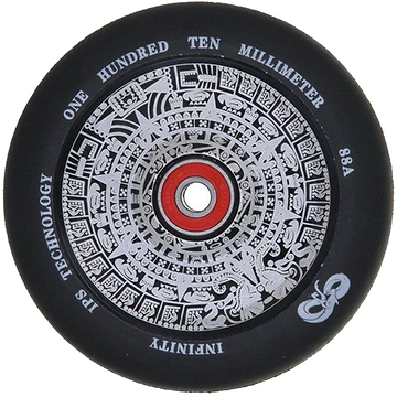 The Infinity Mayan 120mm Stunt Scooter Wheel features a stunning silver Aztec calendar design on a black background and highlights a red center. The white text includes "One Hundred Ten Millimeter," "88A," and branding details such as "Infinity" and "IPS Technology." Equipped with ABEC 9 bearings, this semi hollowcore wheel delivers an exceptionally smooth ride.