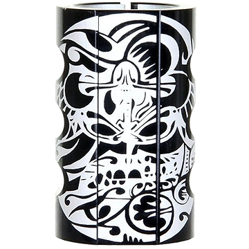 A black cylindrical object adorned with abstract, symmetrical designs that feature swirling patterns and shapes, resembling the Infinity Mayan 4 Bolt Oversized SCS Stunt Scooter Clamp by Infinity.