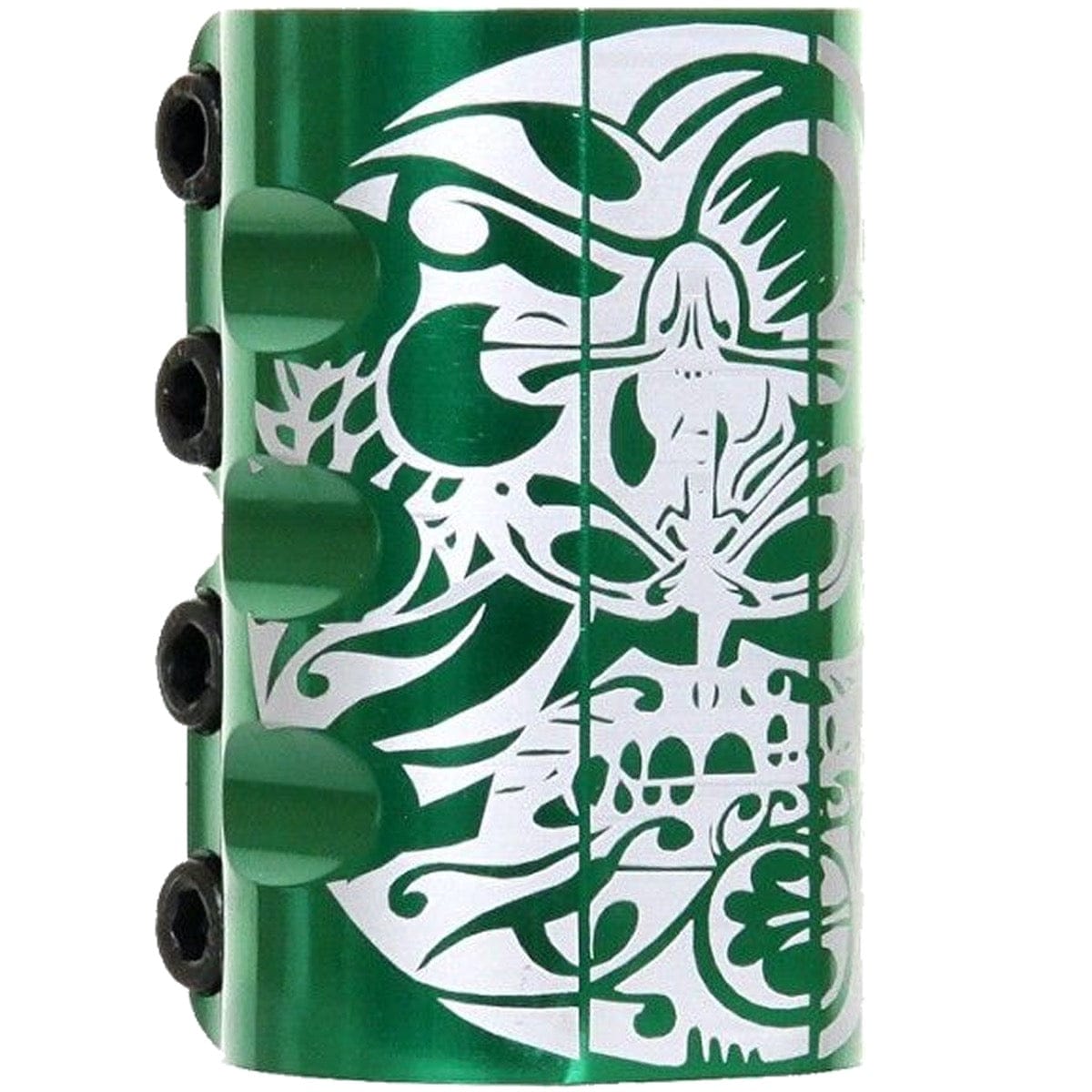 An Infinity Mayan 4 Bolt Oversized SCS Stunt Scooter Clamp in green, featuring intricate white tribal-style designs with abstract forms and a seated human figure. This clamp, resembling a tattoo machine grip, is equipped with multiple black screws on the side for secure attachment.