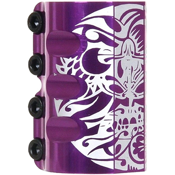 Named the Infinity Mayan 4 Bolt Oversized SCS Stunt Scooter Clamp - Purple, this product stands out with its stunning metallic purple finish adorned with intricate white floral and bird motifs. Featuring three raised sections and four black circular elements on the side, it blends style and functionality seamlessly, making it a perfect choice for your scooter.